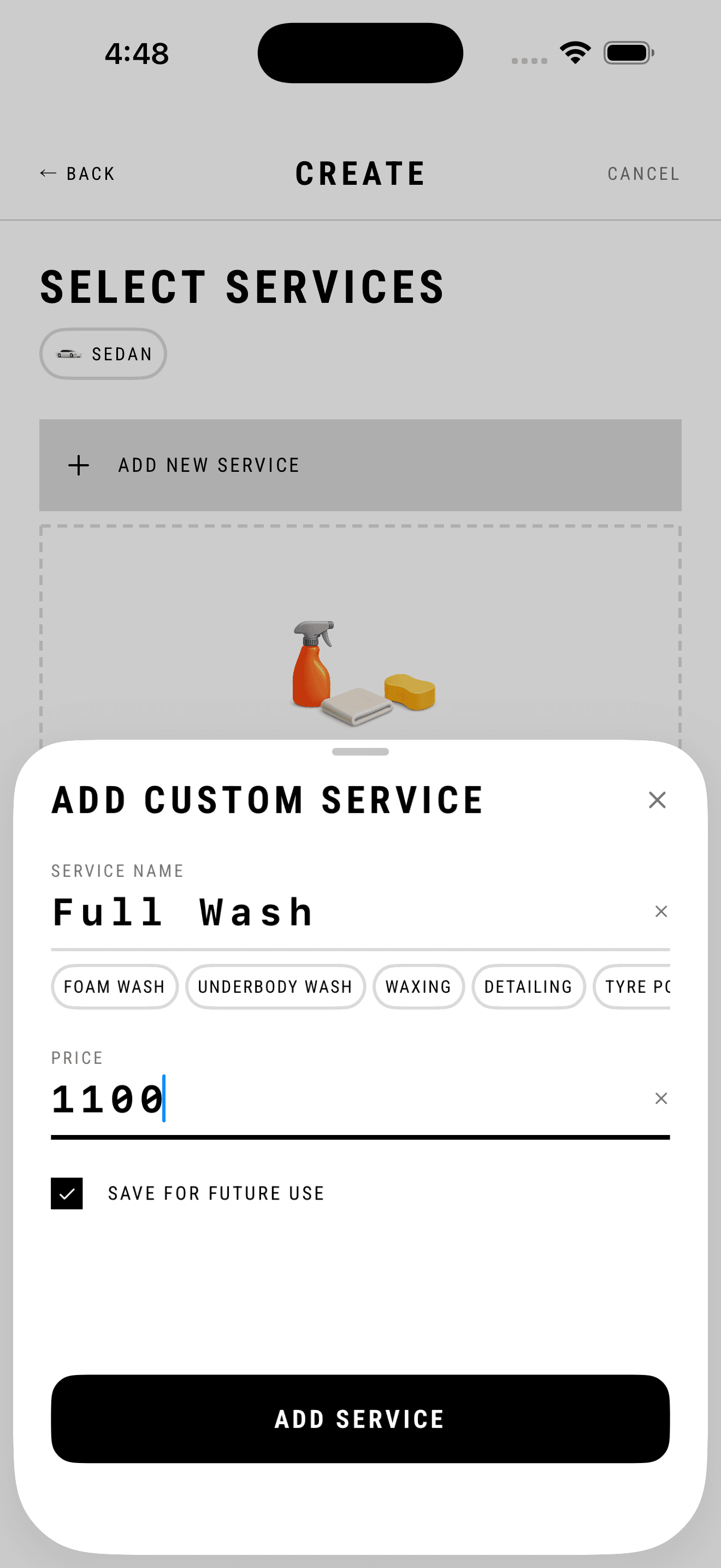 MintWash — Taking an order: Service priced